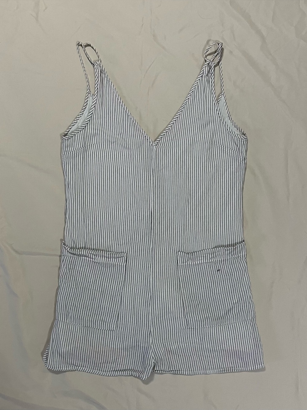 Topshop White Navy Pinstripe Romper Playsuit Size 6 Linen Blend